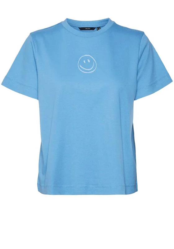 Vero Moda Sara Smiley Embroidered T-Shirt, Blue Jasper