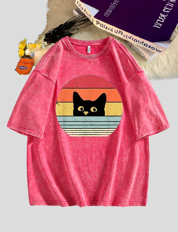 Women Plus Size Cat Shirt Retro Style Long Sleeve T-Shirt