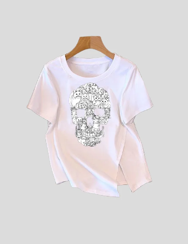 Women Plus Size Cats Skull T-shirt