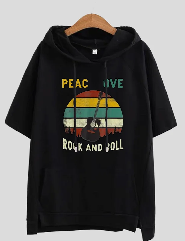 Women Plus Size Peace Love Rock And Roll Guitar Retro Vintage T-Shirt