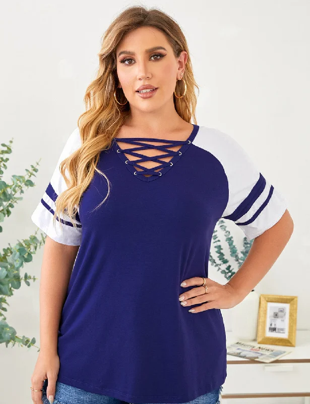 Women Plus Size Contrast color cutout casual T-shirt