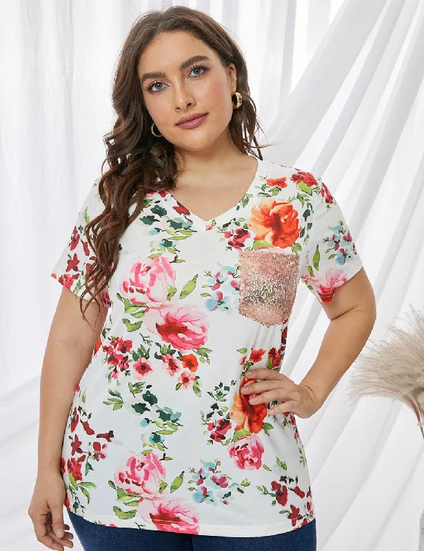 Women Plus Size Floral Sequin Pocket Short Sleeve T-Shirt