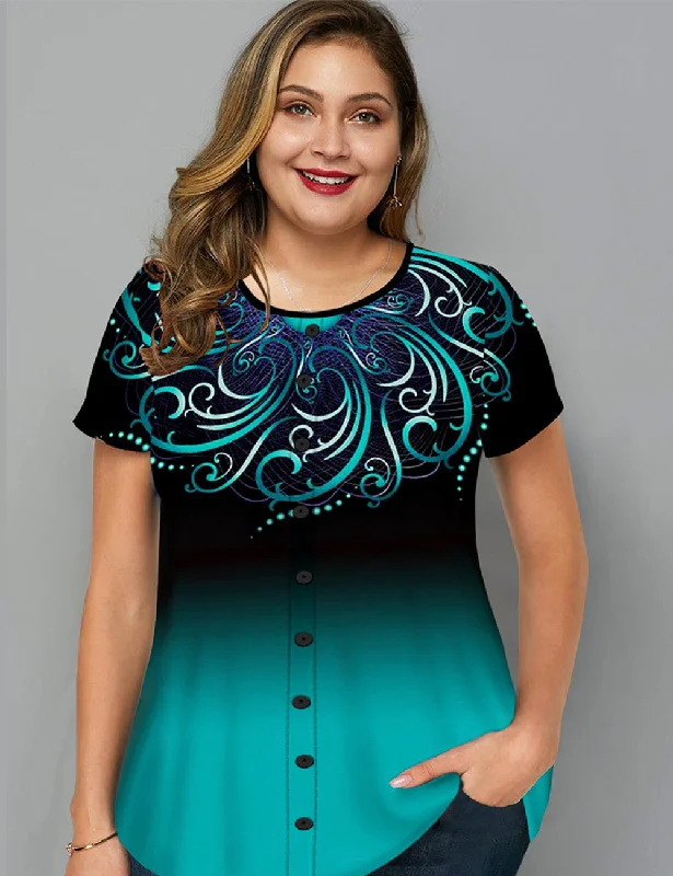 Women Plus Size Gradient Print Button T-Shirt