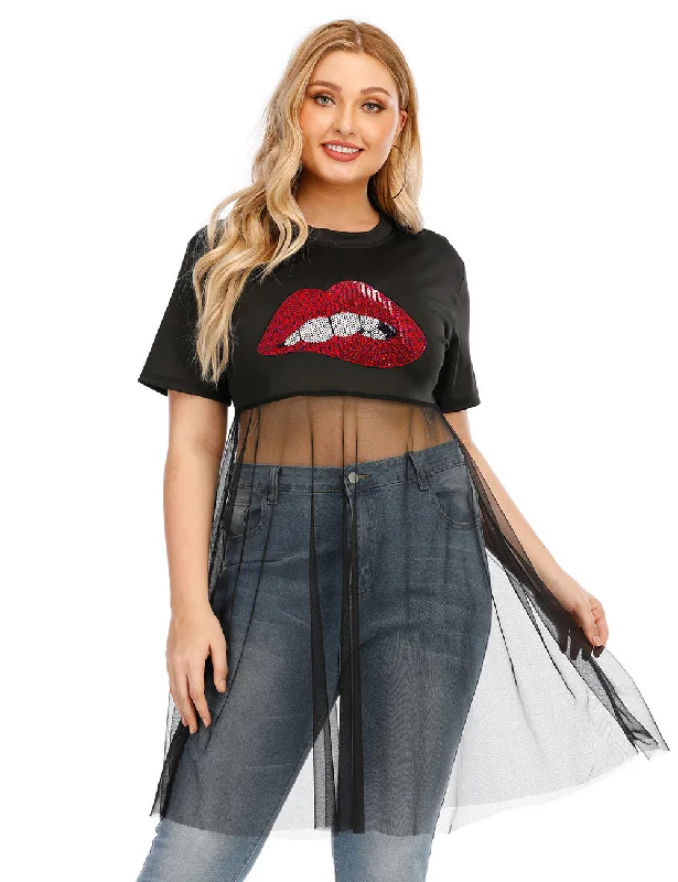 Women Plus Size Sequin Embroidered Mesh Panel T-Shirt