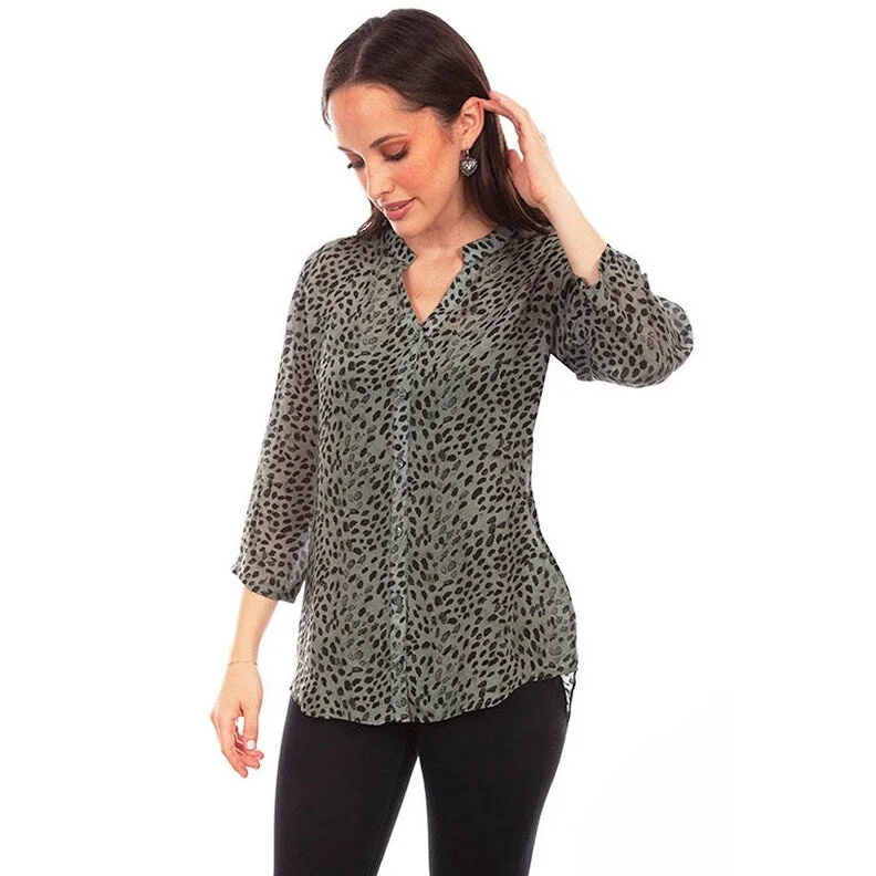 Scully Western Shirt Womens 3/4 Sleeve Leopard Print Blouse F0_HC805