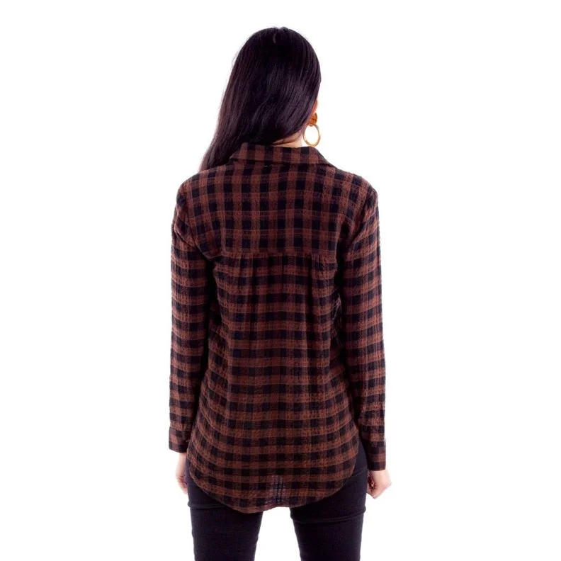 Scully Western Shirt Womens L/S Seersucker Plaid Brown F0_HC920